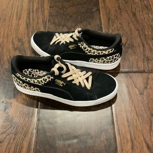 Puma sneakers, black suede with leather cheetah print. Size 7.
